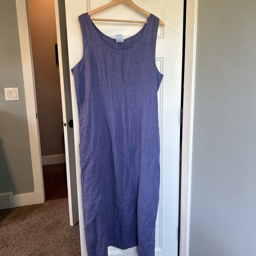 Vintage‎ Linen Purple Dress Midi Size L Side Button